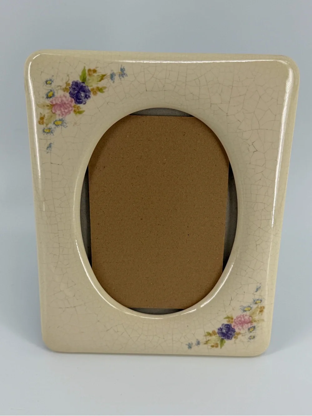 Vintage Ceramic Picture Frame Crackle Glaze Oval Opening, Floral Accents